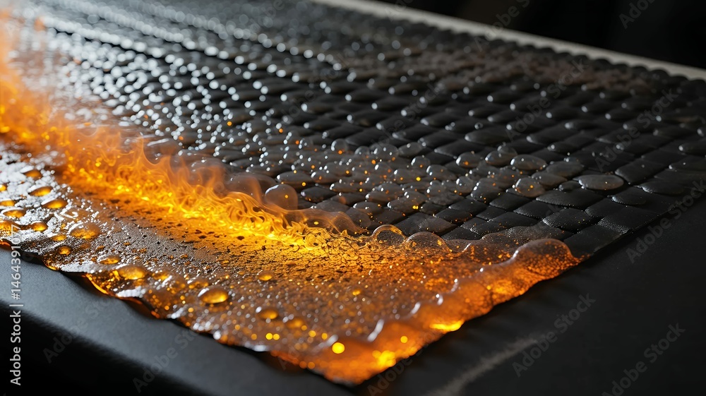 Poster abstract surface of orange fluid over dark textured surface, creating a dynamic visual contrast.