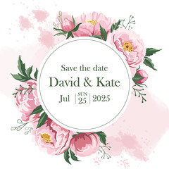 Wedding circular frame with pink peonies and green leaves Save the date template
