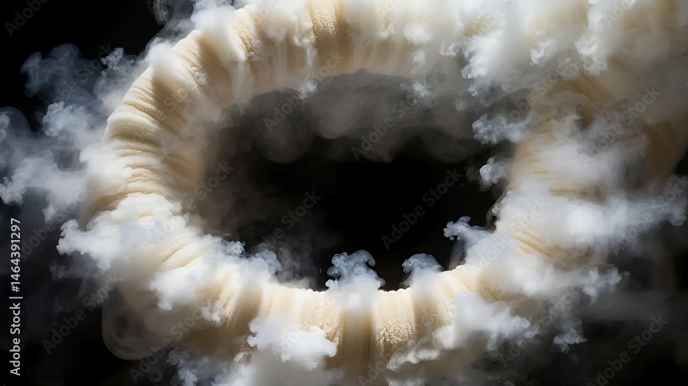 Poster abstract circular form entwined with ethereal smoke against a stark, dark background creating depth.