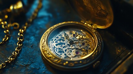 Close-up of a vintage pocket watch mechanism.