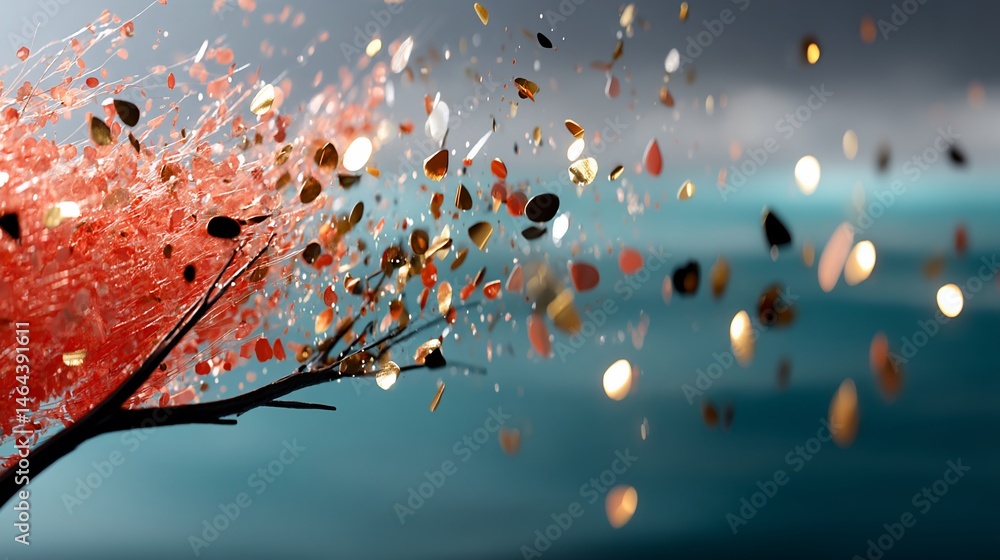 Poster abstract tree with reddish leaves blowing in the wind, dreamy bokeh effect