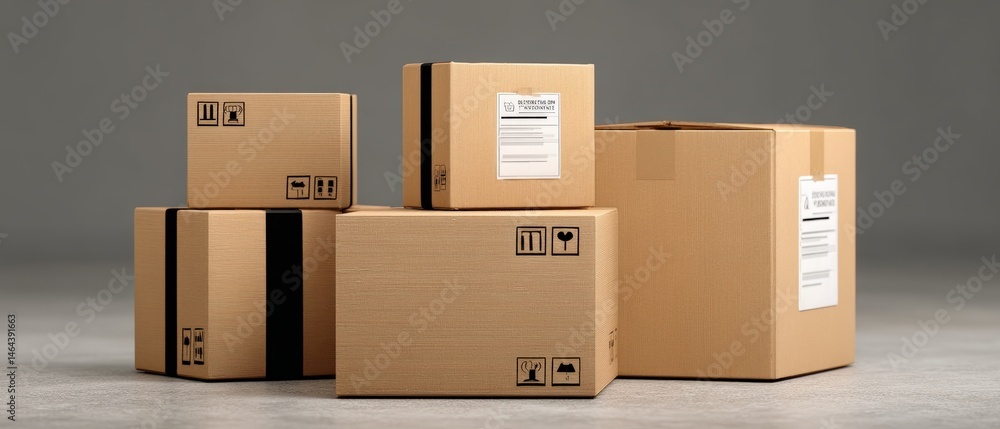 Poster several cardboard boxes of varying sizes are stacked together on a plain surface, each labeled for s