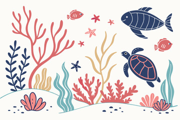 76 Colorful coral reef illustrations, vibrant sea life icons, underwater ecosystem elements, cartoon ocean plants, diverse marine vegetation, whimsical aquatic flora, stylized seaweed and algae, tropi