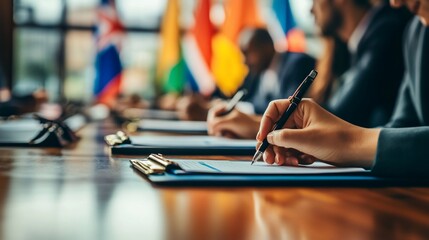 Delegates taking notes during a meeting.  Focused on hands writing, documents, and a table.  International atmosphere