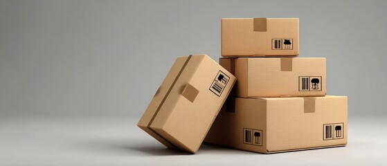 Four cardboard boxes are stacked against a plain background, symbolizing shipping, packaging, and delivery logistics.