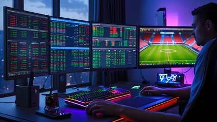 This high-resolution image captures a modern, high-tech trading room setup that doubles as a gaming workstation. The sleek black desk features four curved monitors