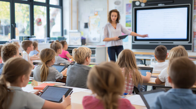 showing a bright and well-lit classroom. A female teacher stands near the front of the room, pointing at a large interactive digital screen. She holds a tablet in one hand.