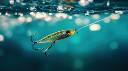 Close-up of a small fishing lure underwater with a fishing line and hooks in clear water, demonstrating fishing equipment and aquatic environment details