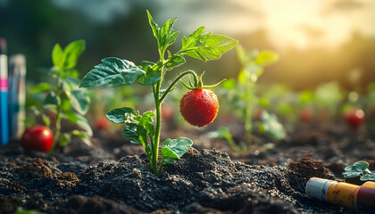 Tomato plant growing in soil