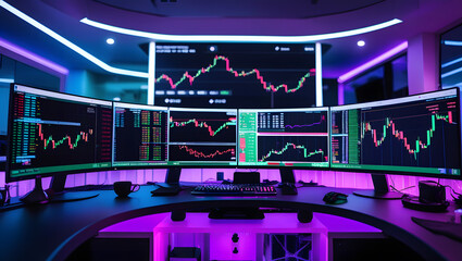 This high-resolution image captures a modern, high-tech trading room setup that doubles as a gaming workstation. The sleek black desk features four curved monitors