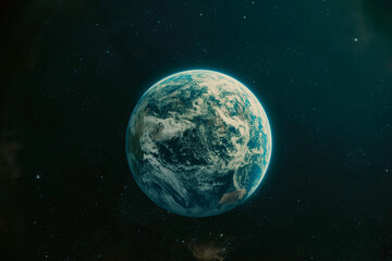 Fototapeta premium An eye-level shot of planet Earth beautifully set against a star-filled, deep space background. Cinematic style scene. Generative AI