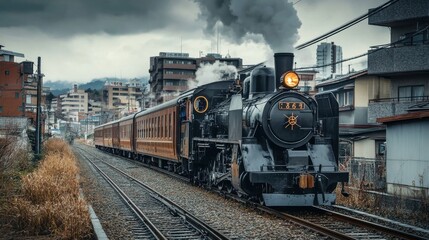 Obraz premium A vintage steam train traveling through a city with buildings and overcast skies above the locomotive