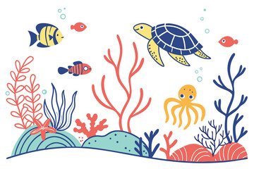 76 Colorful coral reef illustrations, vibrant sea life icons, underwater ecosystem elements, cartoon ocean plants, diverse marine vegetation, whimsical aquatic flora, stylized seaweed and algae, tropi