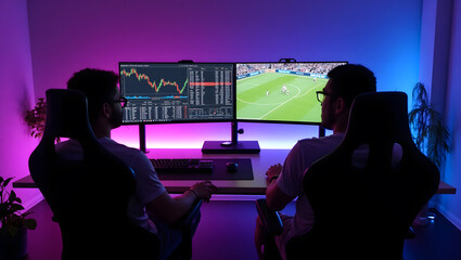 This high-resolution image captures a modern, high-tech trading room setup that doubles as a gaming workstation. The sleek black desk features four curved monitors