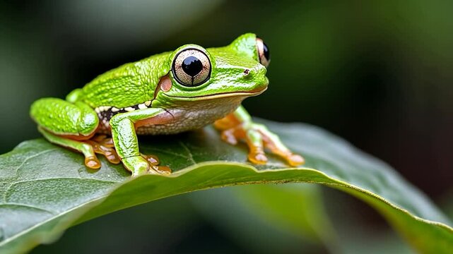 Close-up of a vibrant green frog perched on a lush green leaf, set against a blurred green background.  The frog's large, dark eyes and detailed skin texture are visible