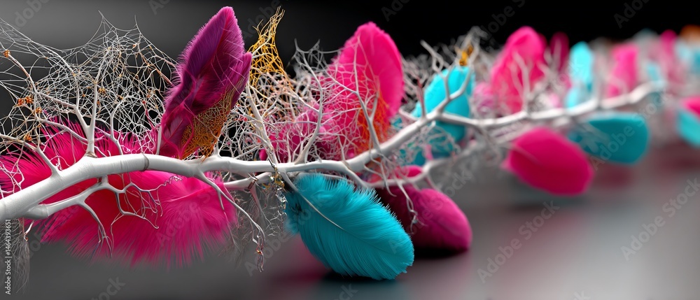 Poster artistic floral branch with colorful feathers and delicate, web-like structures