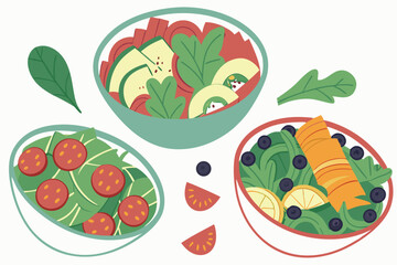 77 Colorful salad bowls, vibrant fresh vegetables, healthy food illustration, cartoon style, top-down view, variety of ingredients, crisp greens, juicy tomatoes, crunchy carrots, assorted fruits, nutr
