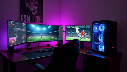 This high-resolution image captures a modern, high-tech trading room setup that doubles as a gaming workstation. The sleek black desk features four curved monitors