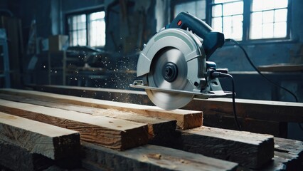 Woodworking saw cutting lumber