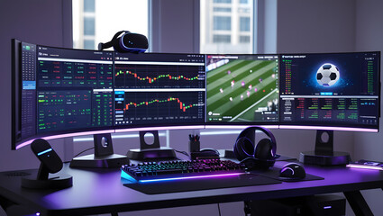 This high-resolution image captures a modern, high-tech trading room setup that doubles as a gaming workstation. The sleek black desk features four curved monitors