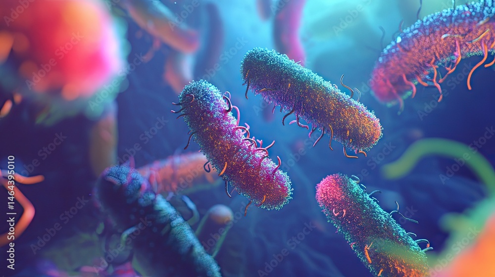 Poster close-up view of colorful bacteria in a microscopic environment. showcasing their unique shapes and 