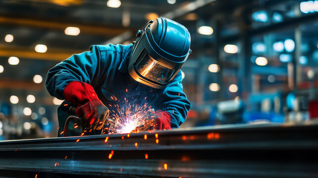 Welder in protective clothing works diligently, creating sparks in busy workshop