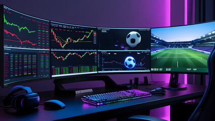 This high-resolution image captures a modern, high-tech trading room setup that doubles as a gaming workstation. The sleek black desk features four curved monitors