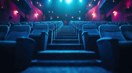 Empty cinema seats, blue-lit auditorium, rows ascending