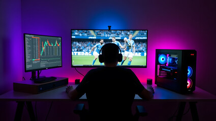 This high-resolution image captures a modern, high-tech trading room setup that doubles as a gaming workstation. The sleek black desk features four curved monitors