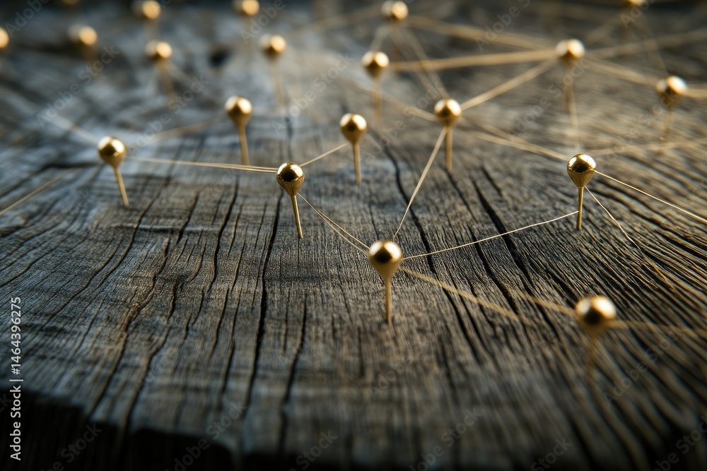 Poster a close-up view of wooden pegs connected by strings on a rustic wooden surface. symbolizing networki
