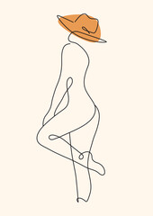 line art woman in a hat vector illustration, abstract minimalist A3 poster print design