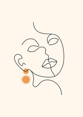 retro mid century modern line art woman portrait, vector illustration, abstract minimalist face, A3 poster print design	