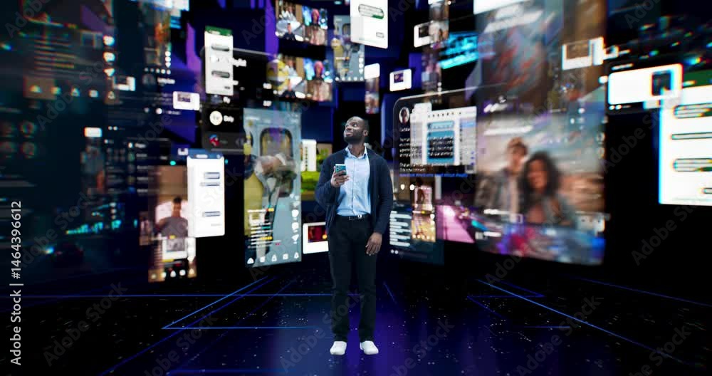 Poster young black man standing in a virtual world, digital holograms hover around him. visualization of sm