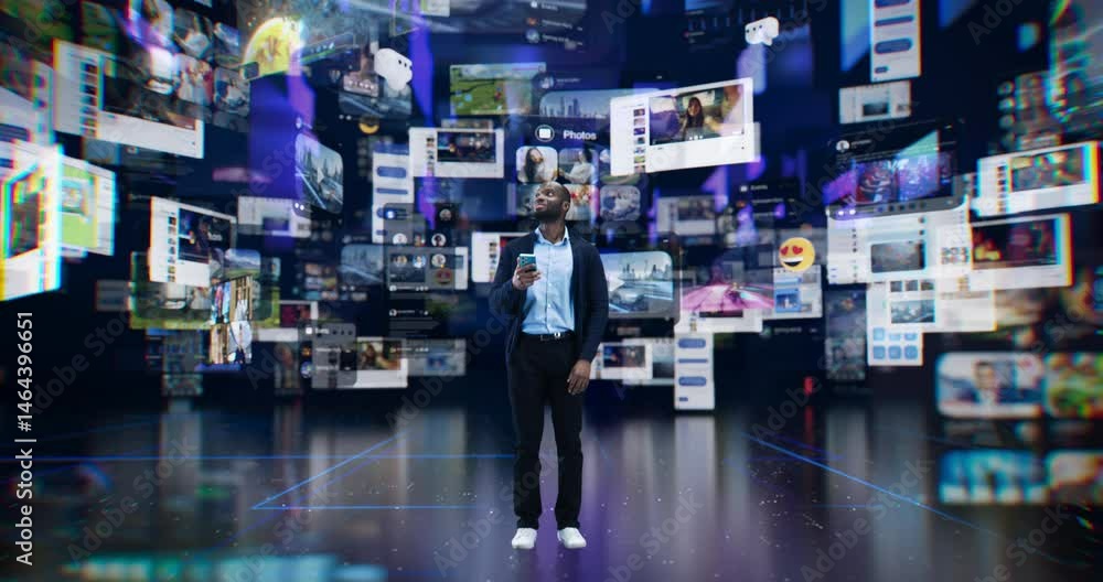 Aufkleber african male navigating a digital realm, engaging with dynamic social media elements on his smartpho