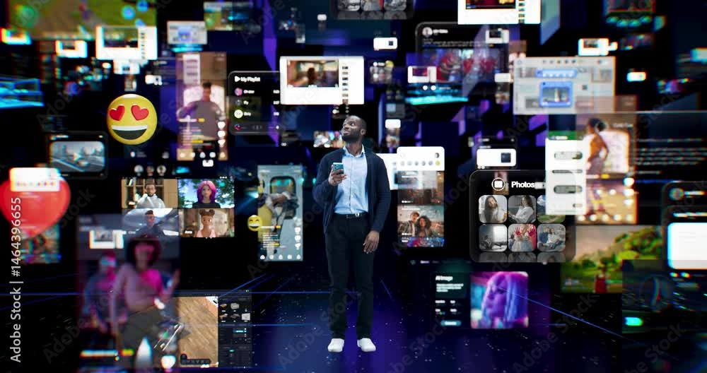 Poster Black Man Using Smartphone to Engage with Digital Applications, Interacting with Social Media Software on Mobile Device, Surrounded by AR Screens and User-Generated Content. Futuristic Cyberspace