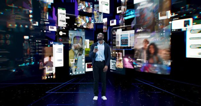 Young Black Man Standing in a Virtual World, Digital Holograms Hover Around Him. Visualization of Smartphone App Content, Social Media Interface with Different Live Streams, Gaming, Online Channels