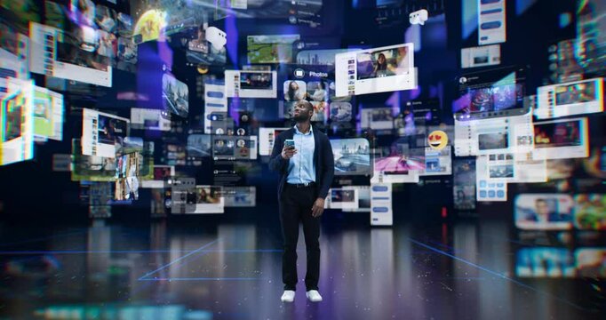 African Male Navigating a Digital Realm, Engaging with Dynamic Social Media Elements on His Smartphone, Surrounded by Immersive, Floating Visuals with Futuristic Online Interactions
