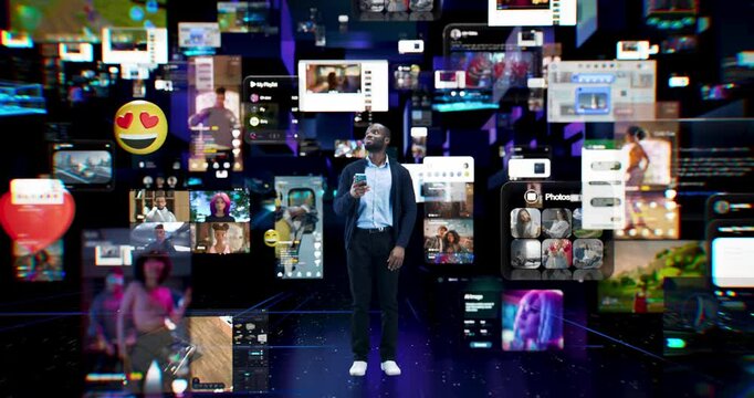 Black Man Using Smartphone to Engage with Digital Applications, Interacting with Social Media Software on Mobile Device, Surrounded by AR Screens and User-Generated Content. Futuristic Cyberspace