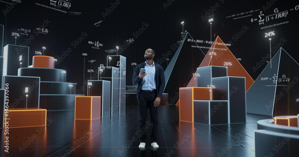 Poster black businessman interacts with holographic financial dashboards via smartphone. animated graphs, s