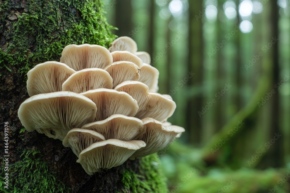Poster a close-up view of delicate. pinkish mushrooms growing on a moss-covered log in a lush green forest.