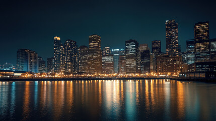 Fototapeta premium Stunning night view of a modern city skyline with illuminated skyscrapers reflecting on calm water under a dark sky, showcasing urban landscape and vibrant nightlife atmosphere