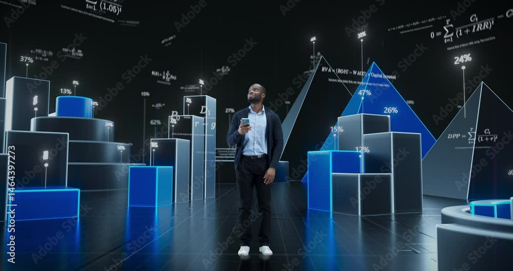 Poster young black professional taps on his smartphone. floating around him are interactive tables, pie cha