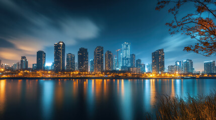 Fototapeta premium Stunning cityscape at night with illuminated skyscrapers reflecting on calm water, featu a vibrant urban skyline with modern buildings and clear dark sky