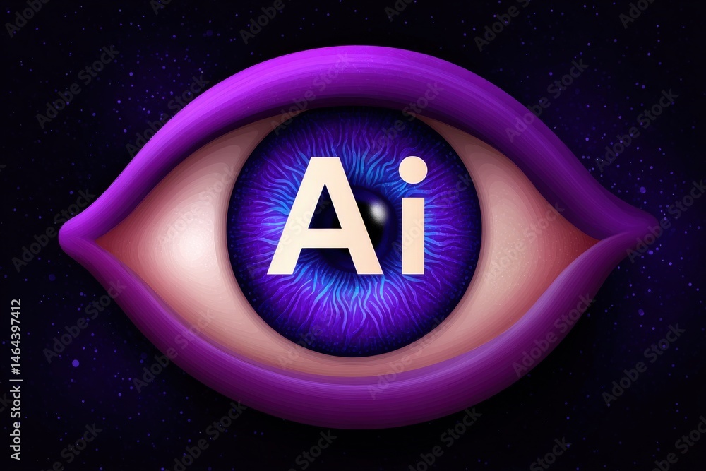 Poster eye representation of artificial intelligence featuring vivid purple patterns and striking details c