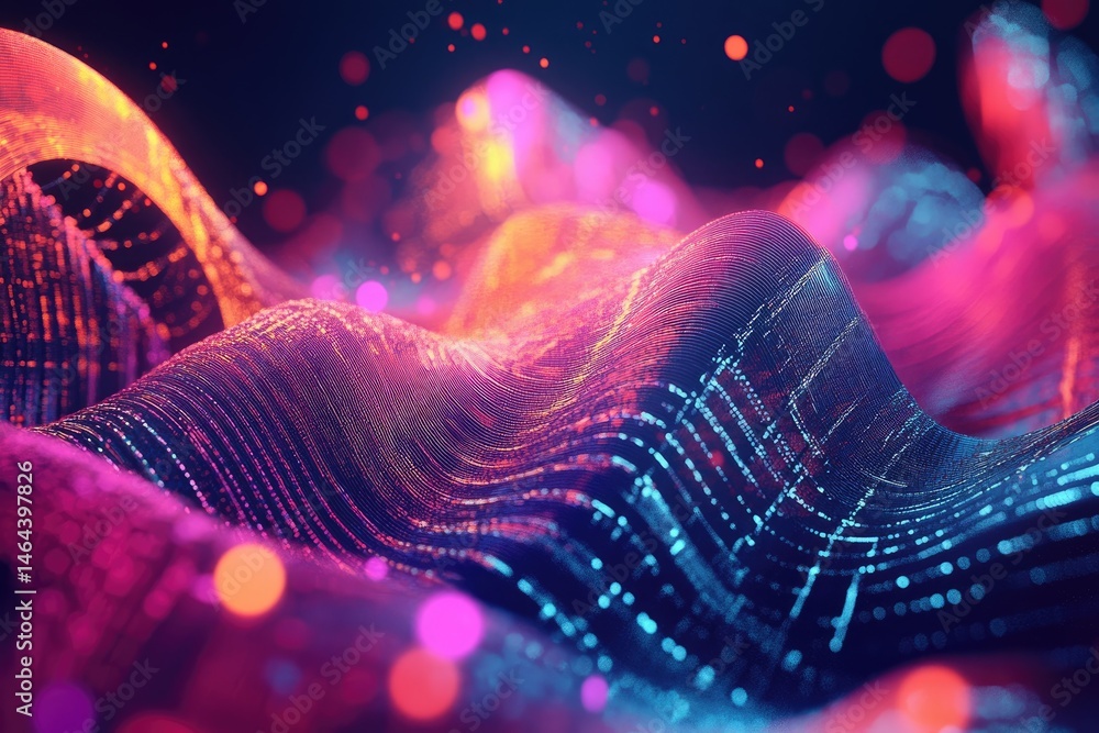 Poster a mesmerizing abstract composition of swirling colorful particles and light trails. set against a da