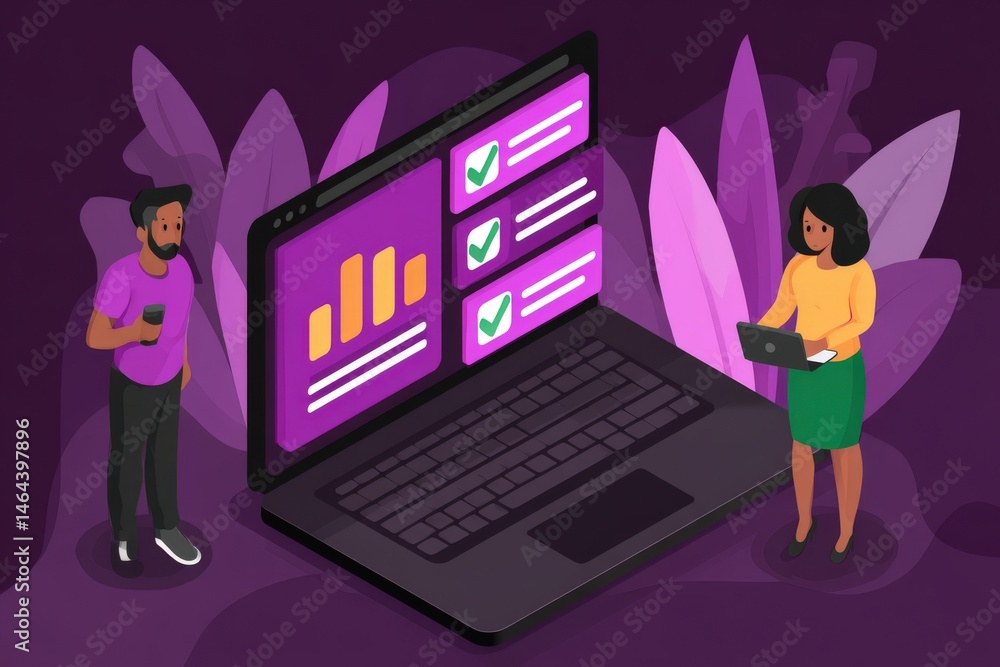 Poster two professionals engaged in a digital environment analyzing data on a modern laptop while surrounde