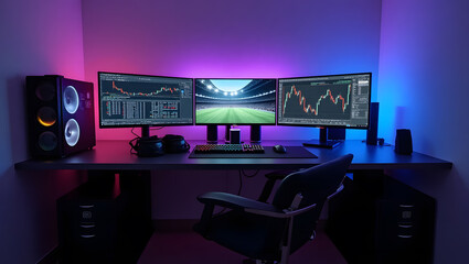 This high-resolution image captures a modern, high-tech trading room setup that doubles as a gaming workstation. The sleek black desk features four curved monitors