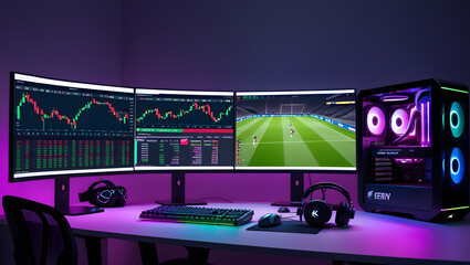 This high-resolution image captures a modern, high-tech trading room setup that doubles as a gaming workstation. The sleek black desk features four curved monitors