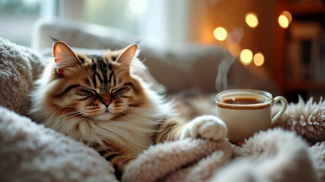 Cat lounging on plush blanket beside coffee cup. Pet reclining on fluffy surface. Relaxing animal to signify cozy lifestyle, comfort and tranquil domestic scene.
