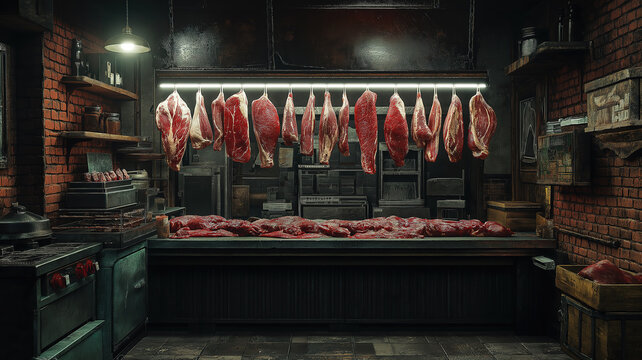 Photorealistic depiction of butcher shop meat hanging ideal for culinary and food industry photography